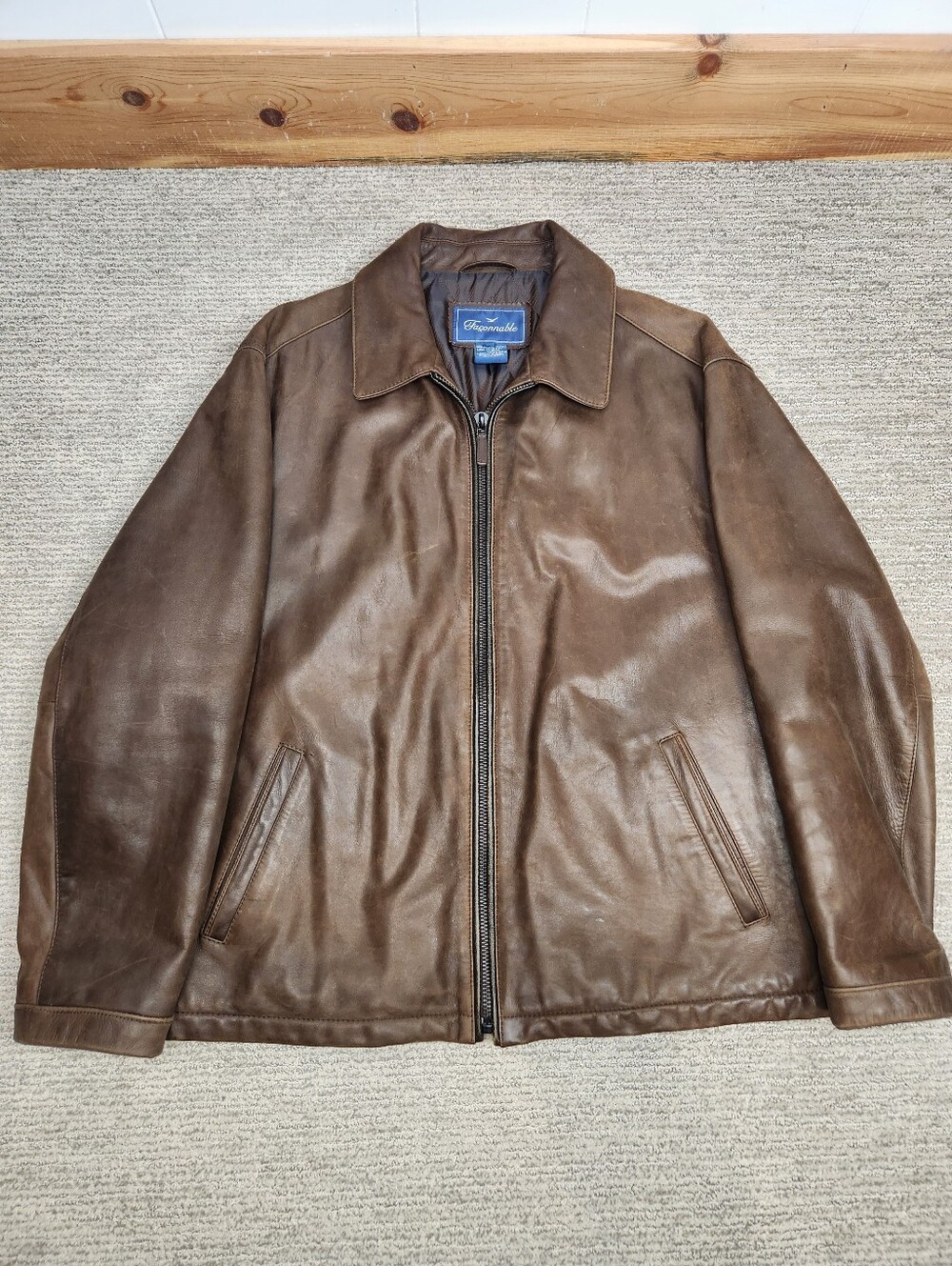 Faconnable Cowhide Leather Bomber Jacket Mens XL Brown Zip Collared Aviator